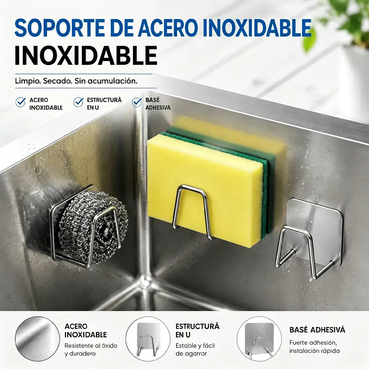 (10 piezas）✨ Organizador para Fregadero de Acero Inoxidable – Soporte Sin Taladro para Esponjas, Estropajos y Paños | Ahorra Espacio y Mantén tu Cocina Ordenada