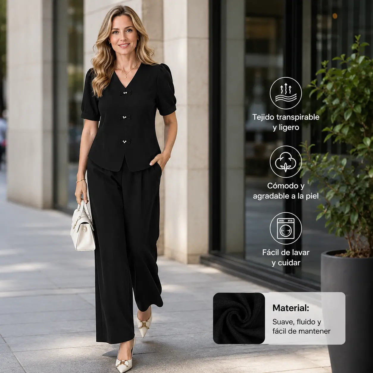 【Top + Pantalones anchos】Conjunto casual de moda