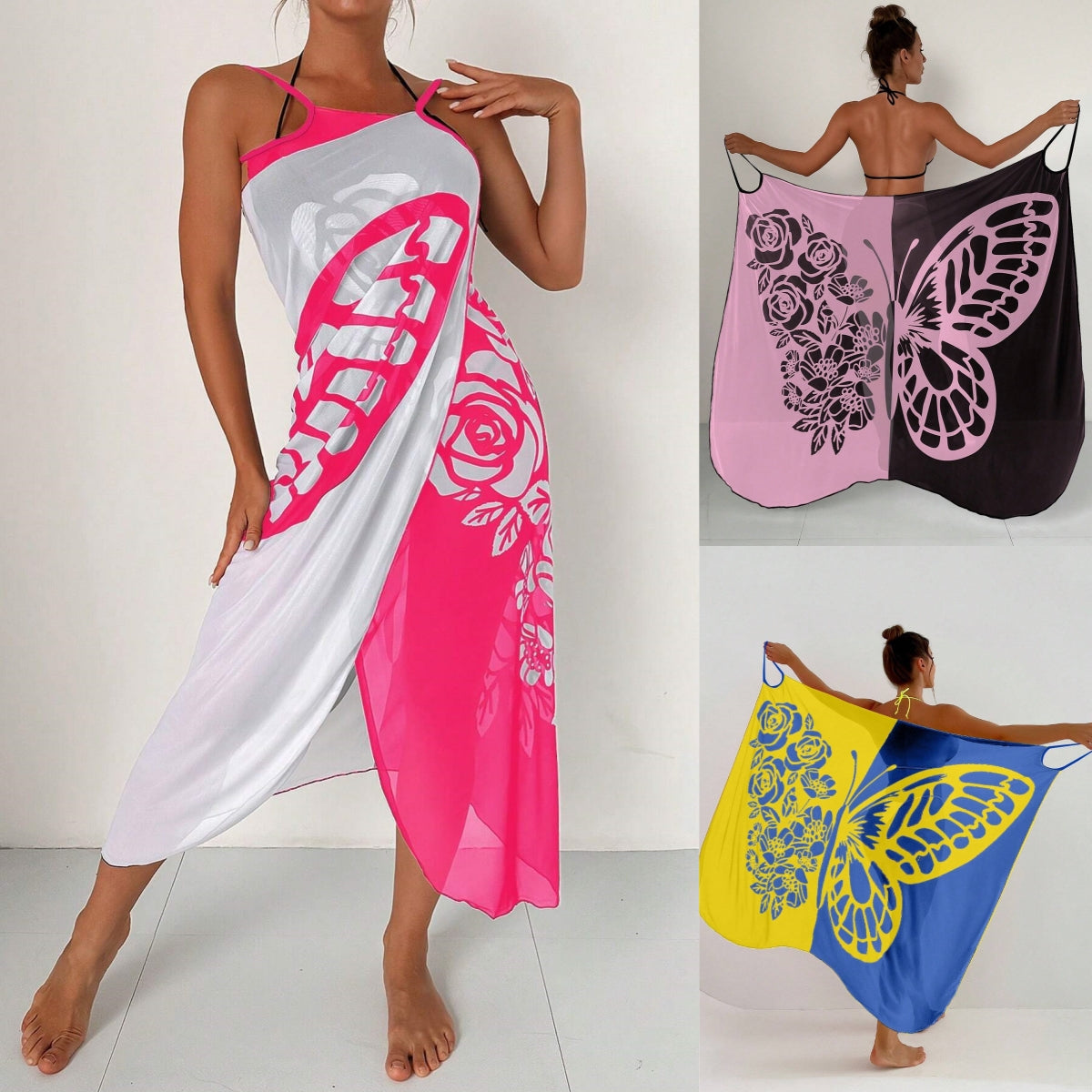 🦋🦋Vestido tipo chal con protector solar de playa de malla con estampado de mariposas