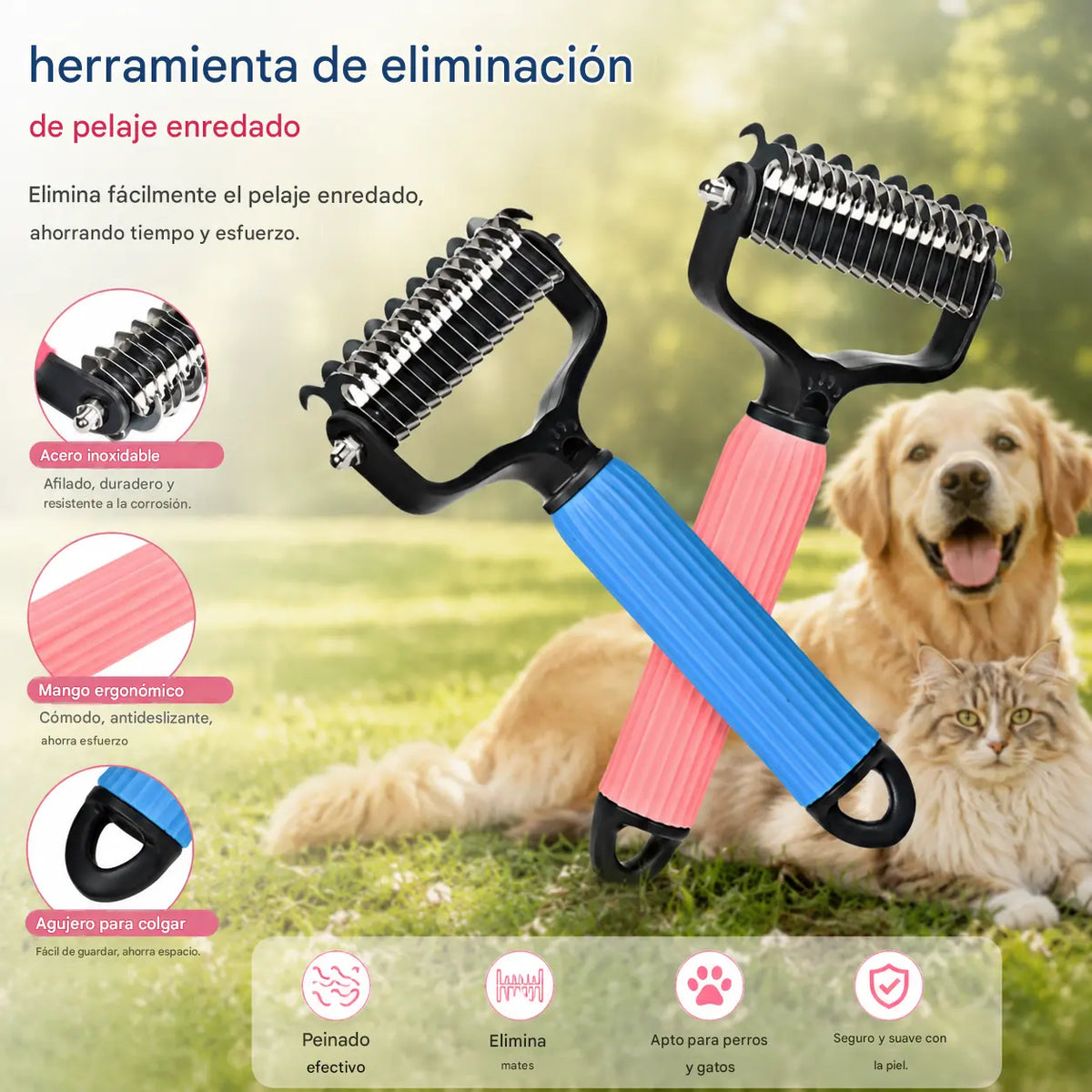 🐱🐕🐈 Peine multifuncional 3 en 1 para desenredar el pelo de mascotas, peine para eliminar el pelo de perros y gatos.