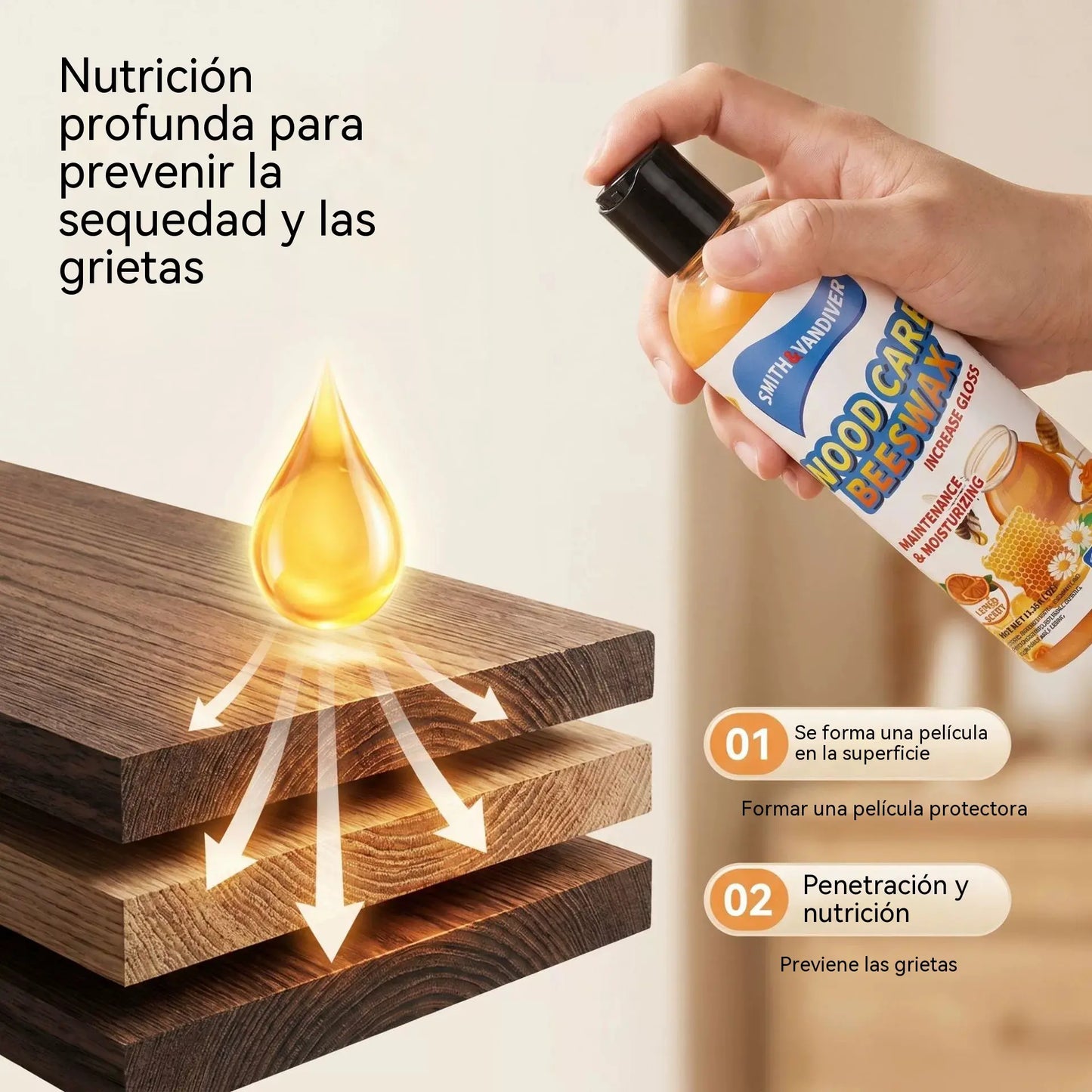 Crema de cera de abeja natural de alta eficacia para pulir y limpiar madera.