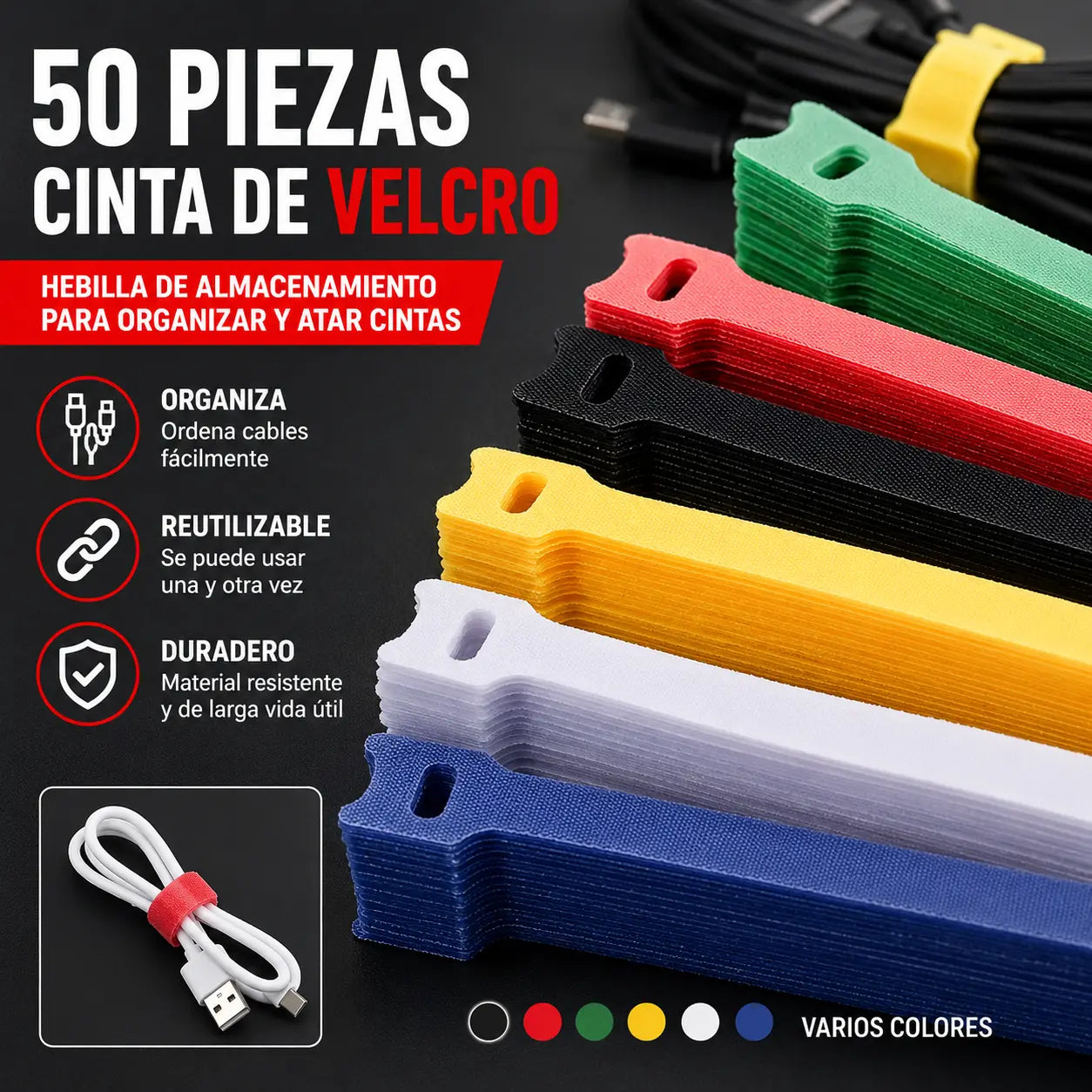 🔥【Paquete de 50】Bridas de velcro multiusos para cables, que se pueden usar para asegurar cables de datos y cables de carga, y son reutilizables.