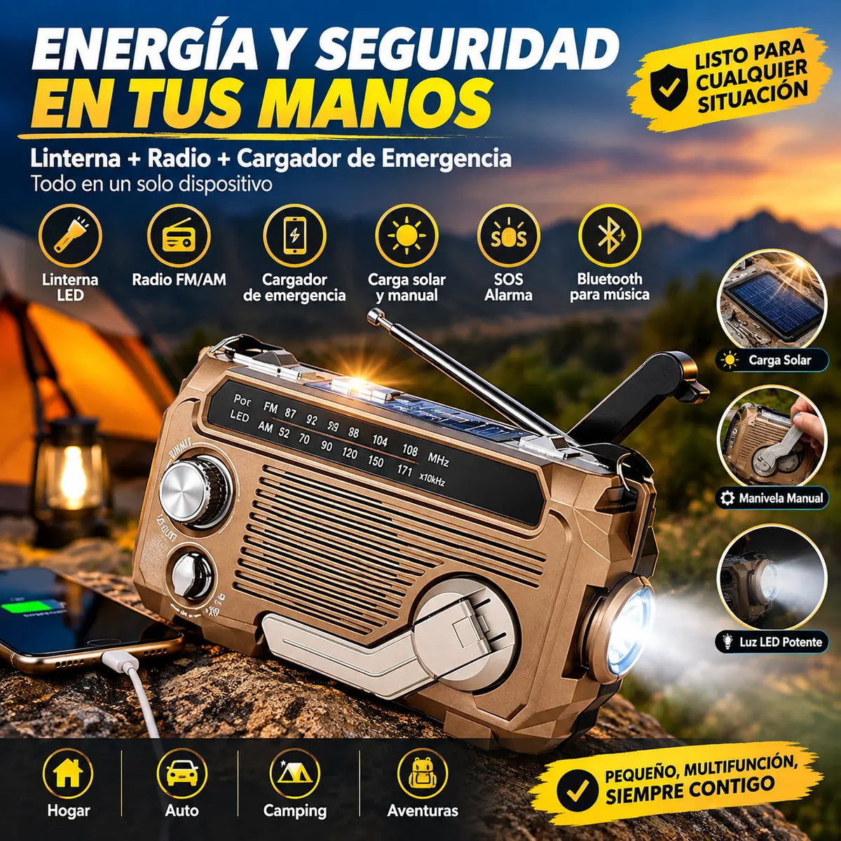 🔦 Radio de emergencia portátil con carga manual y luz LED