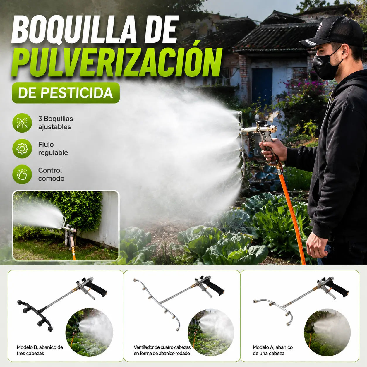 Nueva pistola pulverizadora de área amplia con niebla fina de cuatro cabezales en forma de abanico de acero inoxidable a prueba de óxido
