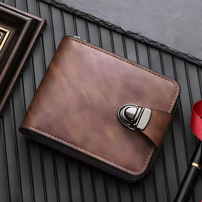 Cartera de piel auténtica para hombre: diseño retro con cremallera, compartimento para tarjetas y protección RFID.