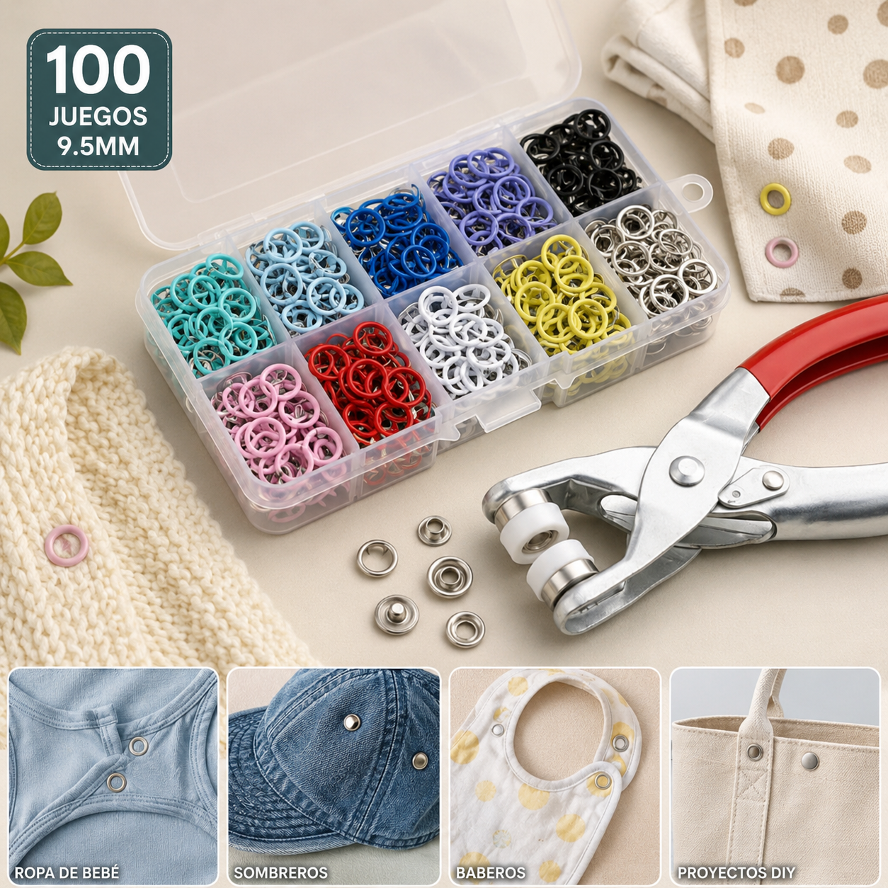 【100 pares de botones + alicates】Nuevo kit de instalación de botones sin costuras multifuncional