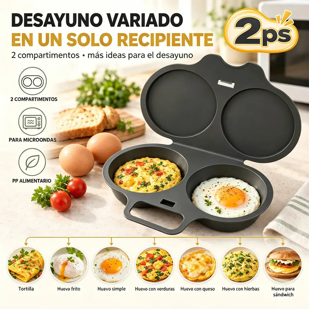 🎁2 piezas 💥Escalfador de huevos para microondas: doble cavidad, antiadherente y fácil de limpiar.🏠