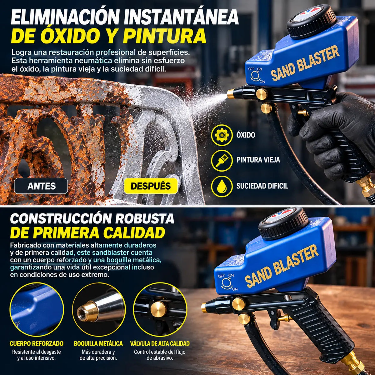 🔫✨ Pistola de chorro de arena portátil con alimentación por gravedad – para óxido, grabado y desbarbado