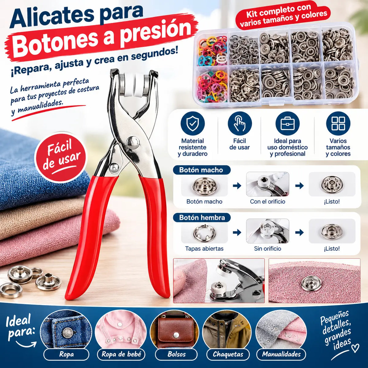 🔥 Kit de 100 Botones Metálicos + Alicate Manual Sin Costura 🧵🔧