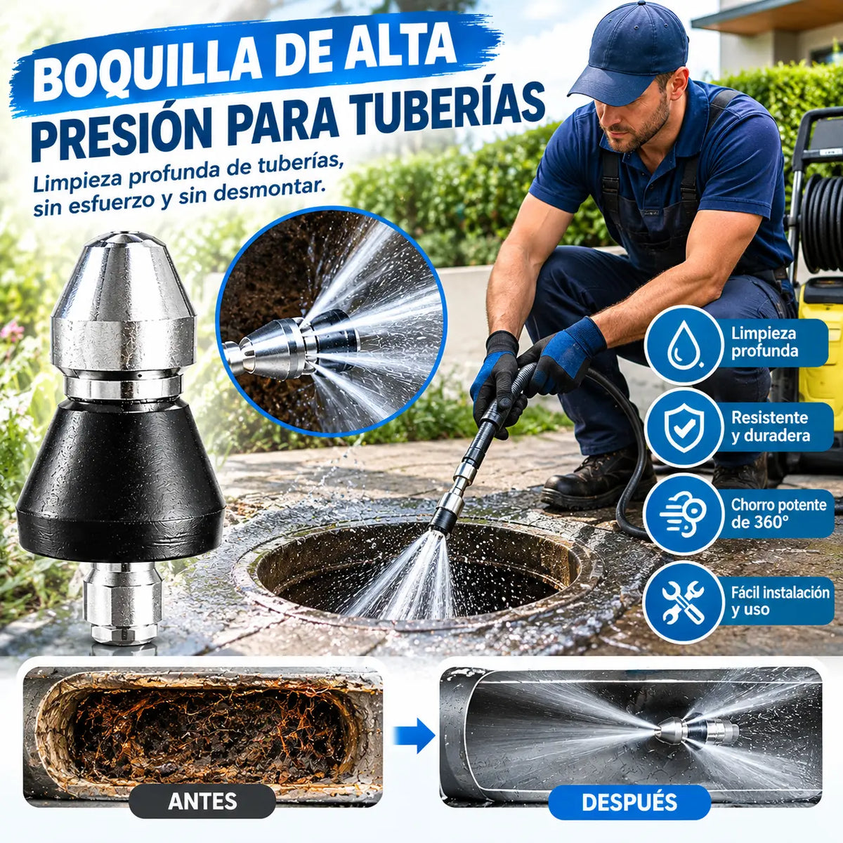 Potente boquilla de alta presión, desatascador de tuberías