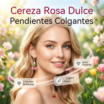 🍒 Conjunto de pendientes y collar con colgante de cristal de cereza rosa