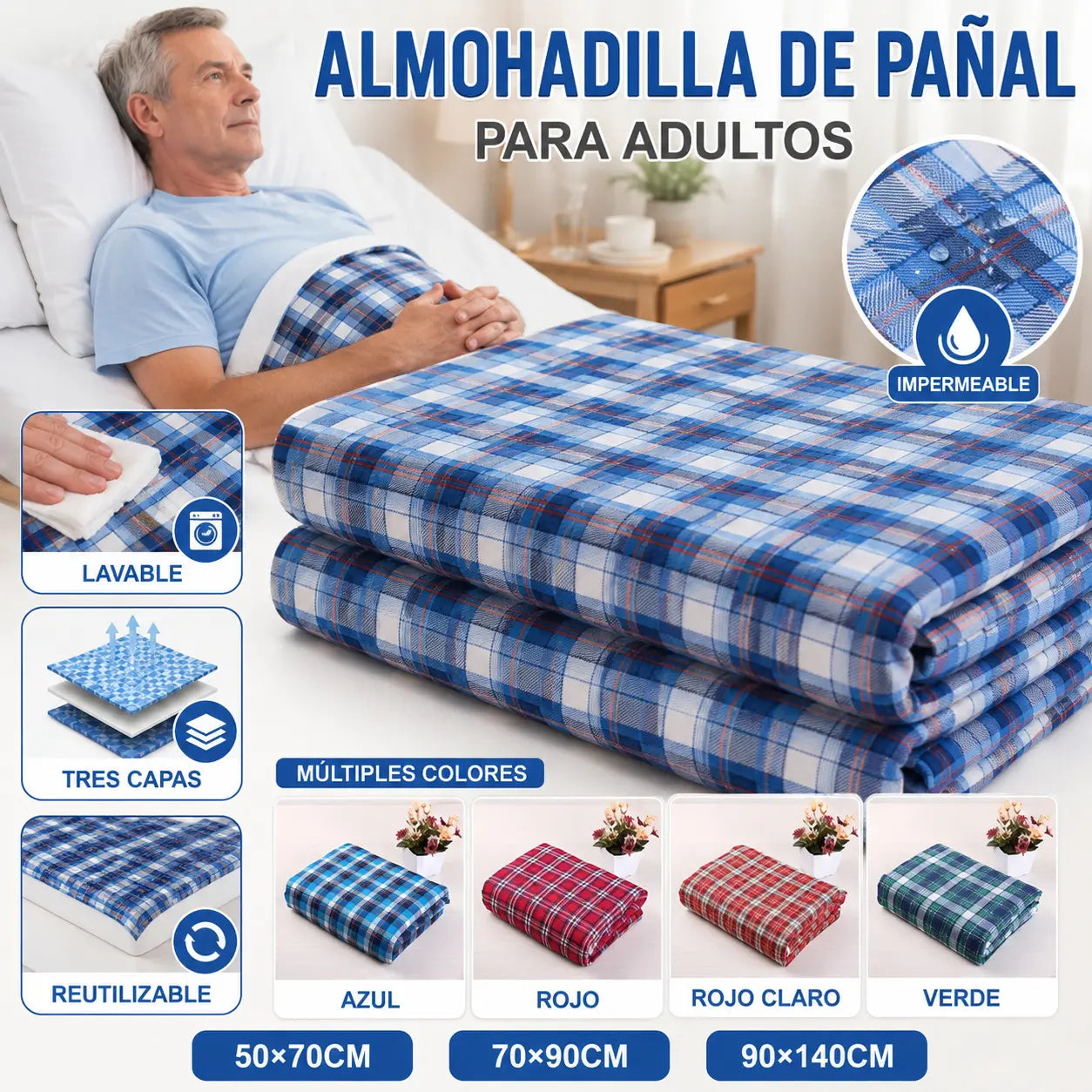 Oferta por tiempo limitado (50*70cm) Almohadilla lavable y transpirable para el cuidado de pañales para adultos