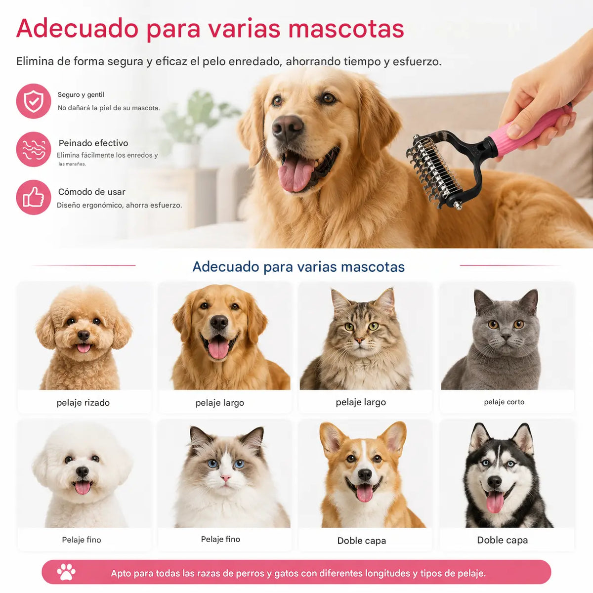 🐱🐕🐈 Peine multifuncional 3 en 1 para desenredar el pelo de mascotas, peine para eliminar el pelo de perros y gatos.